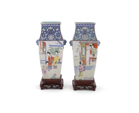 A good pair of Famille Rose vases, Daoguang, of square section, painted with figures, the neck with shou marks in gilt, 35.5c