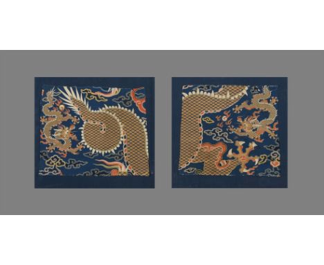 Two Chinese silk kesi robe 'Dragon' panels, late Ming Dynasty, finely woven with a lively side-facing five-clawed horned drag