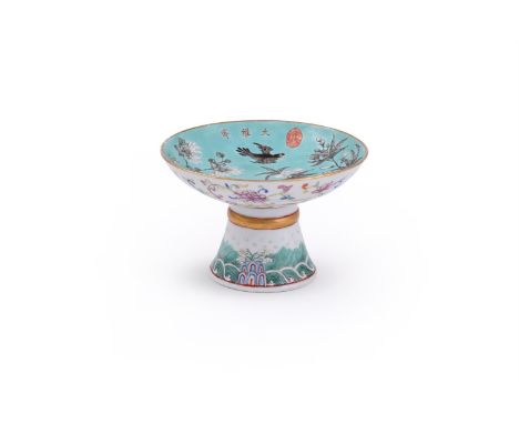 A Chinese Famille Rose turquoise-ground footed bowl, Tongzhi-Guangxi period (1862-1908), decorated en grisaille with birds in