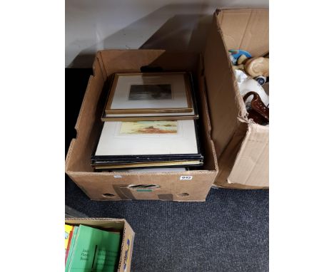 BOX OF OLD FRAMED ETCHINGS AND PRINTS