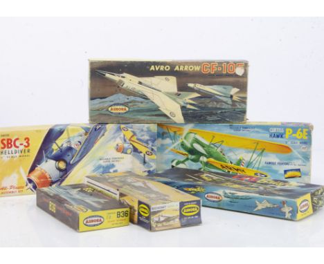 1950s-60s Aurora Aircraft Kits, 1:48 Avro Arrow CF-105, F2B Brisfit , Curtiss Helldiver, Curtiss Hawk P-6E, 1:60 Beechcraft S