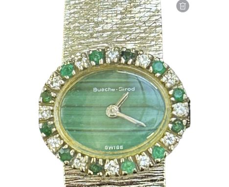 Ladies Bueche Girod manual wind wristwatch with 9ct oval case with white gold bezel set with 24 diamonds, emeralds &amp; mala