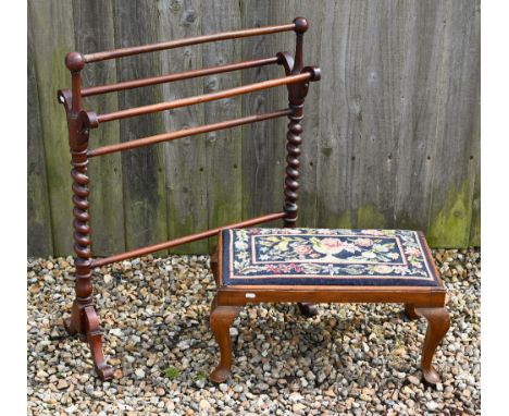 A Victorian footstool with floral tapestry pad seat on cabriole legs, 62 x 38 x 30 cm high to/w barley-twist towel rail (2) 