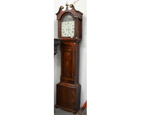 Early 19th century oak and mahogany longcase clock, painted dial with subsidiary seconds dial on eight-day movement c/w pair 