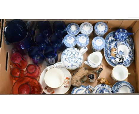 A blue glass water jug and six matching glasses to/w four cranberry glass jugs and a bowl, six Spode blue and white spice/her