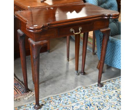 A Victorian mahogany lobed corner fold over card table, with twin gate-legs and frieze drawer, raised on pad feet, 80 cm x 40