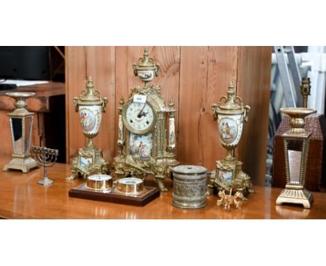 A reproduction brass and ceramic three piece clock garniture set to/w a pair of minor obelisk giltwood candlestands, boat's c
