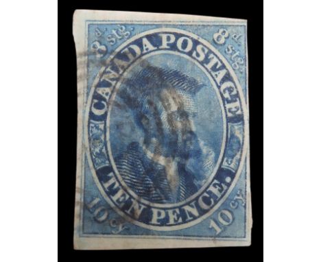 CANADA -Quebec 1852- 1857 10d blue 8stg sg20 but may be sg15 a rare stamp but only three margins Condition Report:Available u