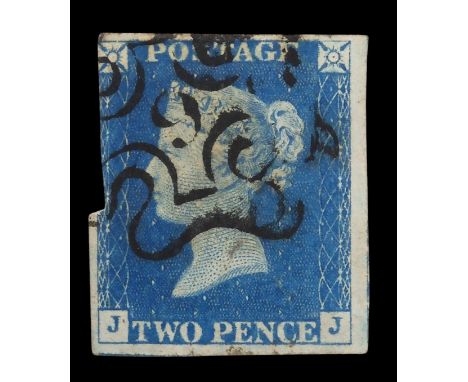 GREAT BRITAIN LINE ENGRAVED 2d blue sg4F, deep full blue with No 9 in black Maltese Cross cancel, JJ in corners, 31/2 good ma