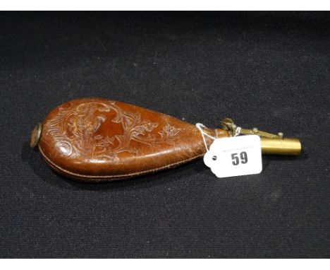     An Embossed Leather &amp; Brass Shot Flask, 8.5"                                    