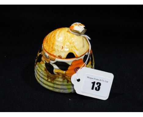     A Clarice Cliff Lidded Honey Pot In The Lydiat Pattern (Bee Lacking Wings)      