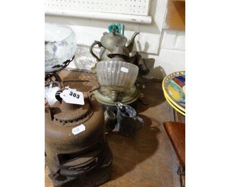     A Quantity Of Oil Lamp Parts, Together With A Brass Framed Wall Clock Etc