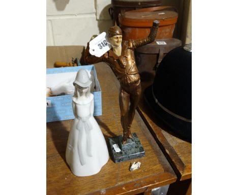     An Art Deco Style Cold Painted Figure On A Stepped Marble Base, Together With A Lladro Style Figure                      