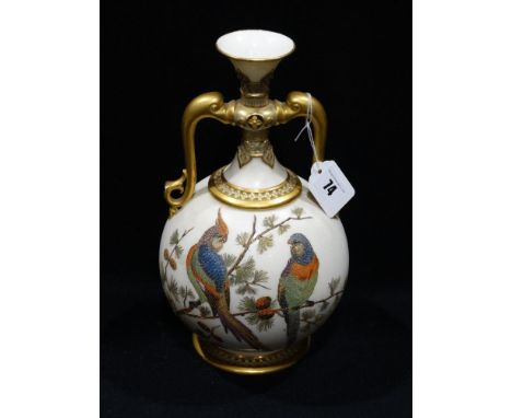     A Late 19th Century Royal Worcester Blush Ivory Gilt &amp; Enamel Two Handled Vase, Decorated With Exotic Birds, Green Pr