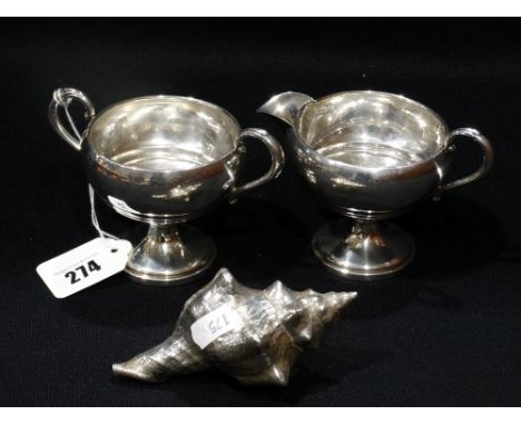     A Sterling Silver Cream Jug &amp; Sugar Bowl, Together With An Unusual Silver Covered Shell                              