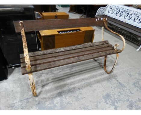     A 20th Century Wrought Ironwork Framed &amp; Wooden Slat Garden Bench, 54" Across   