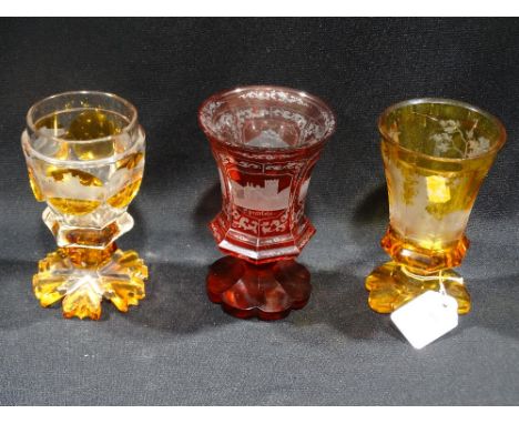     Three 19th Century Bohemian Glass Etched Vases (Two Amber, One Ruby) Each 5.5"  
