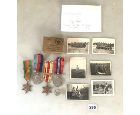 4 World War II medals - 1939-45, Defence Medal, Africa Star, 1939-45 Star, 'For Loyal Service' badge and photos from Africa b