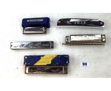 5 harmonicas - boxed Hohner's Echo Luxe, cased Hohner Blues Harp, Swan, Hero and The Bandmaster De Luxe Chromatic