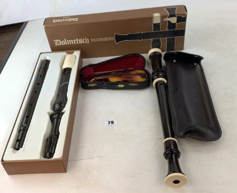 Boxed Dolmetsch Tenor recorder, cased Allios recorder and miniature cased cello