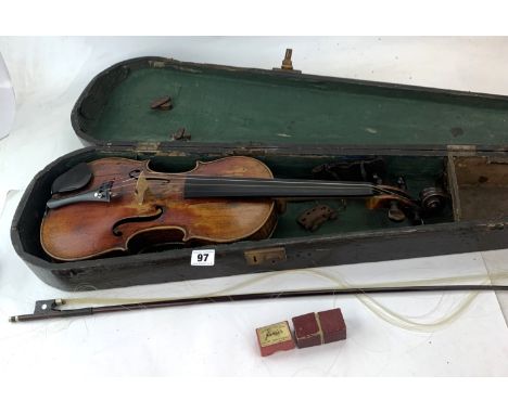 Cased violin with inside label 'Antonius Stradivarius Cremonenlis, Anno 1721', 14.5" back with bow stamped Tourte 29" long