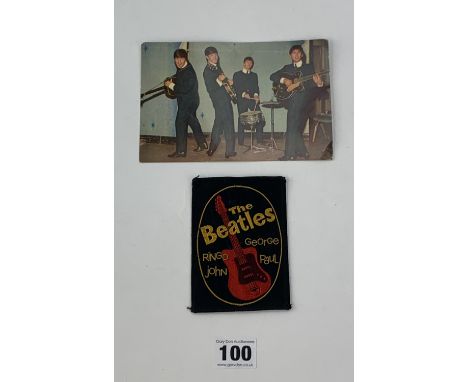 Pitts Publishing Ltd postcard 104-5 Show-Biz Series 'The Beatles' and black material patch 'The Beatles'
