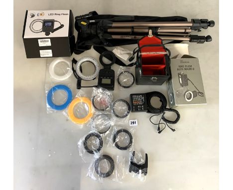 Camera accessories inc. 2 boxed ring flashes, Tevlon tripod and fittings