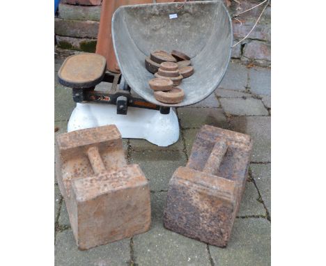 Set of scales with weights & 2 potato weights, 4 stone, one Morton Louth