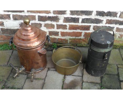 Copper water urn, brass bucket & flask