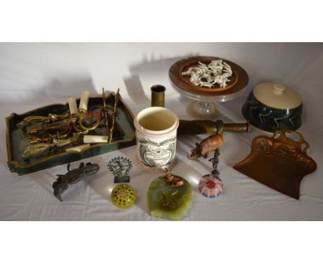 Art Deco ashtray (AF), brass trench art, paperweights etc