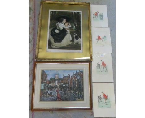 Colin Carr limited edition print, print of lady with child & 4 golf hand coloured prints