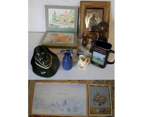 Assorted items inc ceramics, tyrol hat with badges, pilgrim picture & treen, snowscape print & tapestry