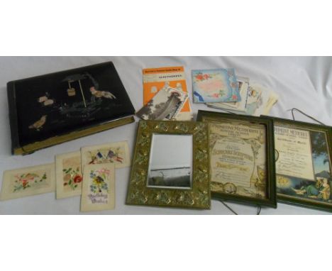 Various items inc silk cards, vintage birthday/anniversary cards, mirror, certificates & photograph album (AF)