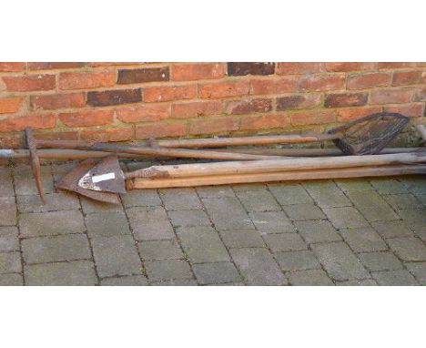 2 dyke bank tools, reed rakes, water scoop, potato scoop