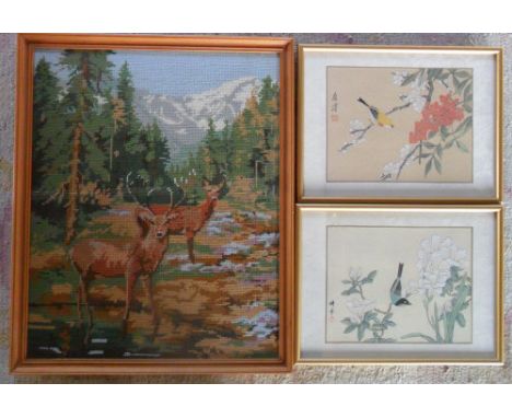 Pr of Oriental silk paintings of birds & tapestry