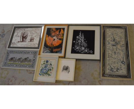 Various pictures inc oriental tapestry, pen & ink etc