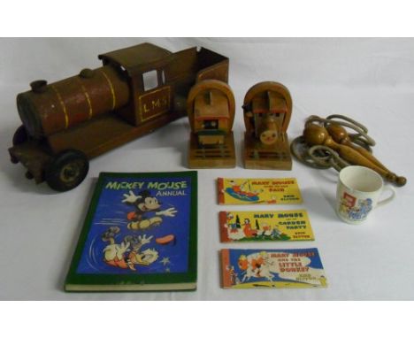 Various vintage children's toys & books inc Enid Blyton Mary Mouse & tin plate fire engine