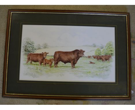 Print of Lincoln Red cattle by Peter Bradley 72 x 51 cm