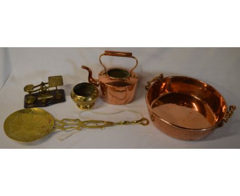 Copper kettle, copper bowl, brass scales etc