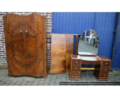 Art Deco walnut veneered bedroom suite comprising of bed head & foot, serpentine fronted wardrobe & dressing table)