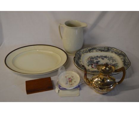 Meat plates, ceramic jug, travel chess set etc