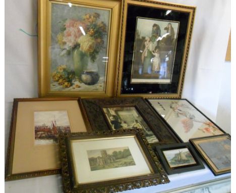 Assorted prints and a tapestry