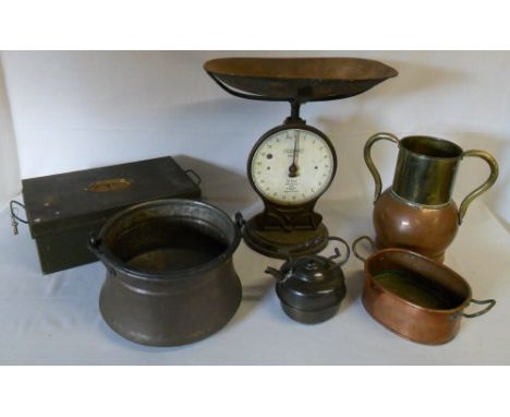 Assorted brass and copper inc Salter scales