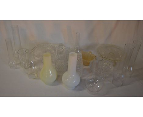 Glassware inc cake stands, decanters, oil lamp chimneys etc