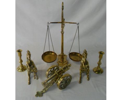 Various brass items inc cannon and scales
