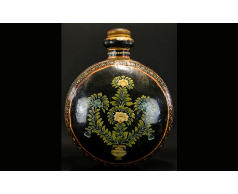 Large 19th Century Bedouin Water Flask Hand Painted Metal With Floral Decoration To Both Sides On Black Ground. Height 24 Inc