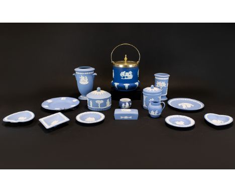 A Large Collection of Wedgwood Jasper Ware Items (15) items in total. To include 5 pin dishes, 3 trinket boxes of varying for