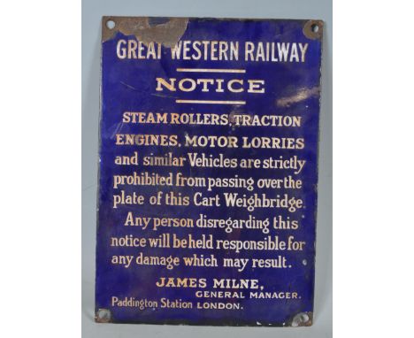 An original early 20th century Great Western Railway Notice enamel sign. The rectangular blue enamel sign reading: Great West
