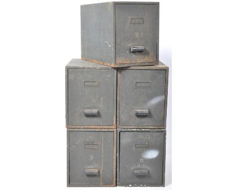 A retro vintage early to mid 20th Century English industrial metal filing stacking cabinet / desktop drawers. The stack of fi