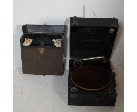 A vintage 20th century Colombia Viva Tonal Grafonola portable / table top gramophone in leatherette-style case together with 